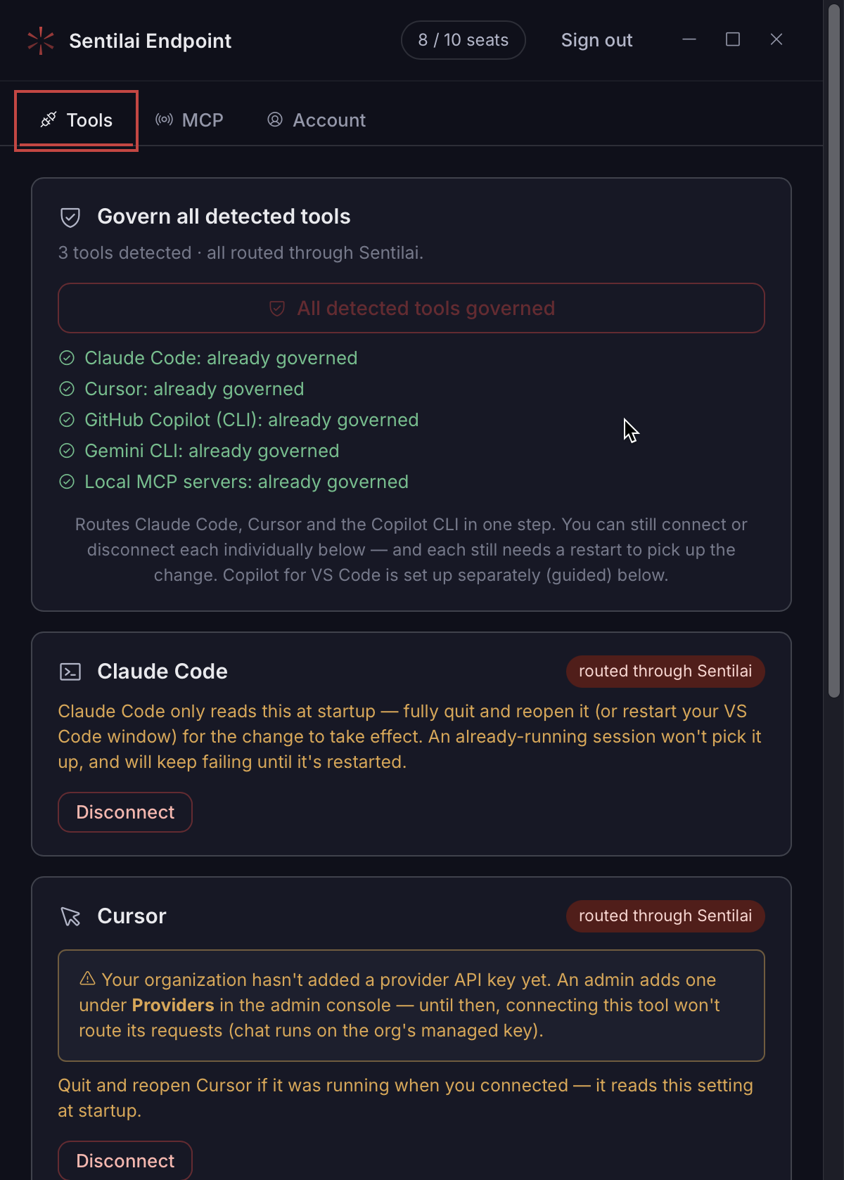 The Endpoint Suite: three tabs, the seat counter, and every AI tool it found on this machine.