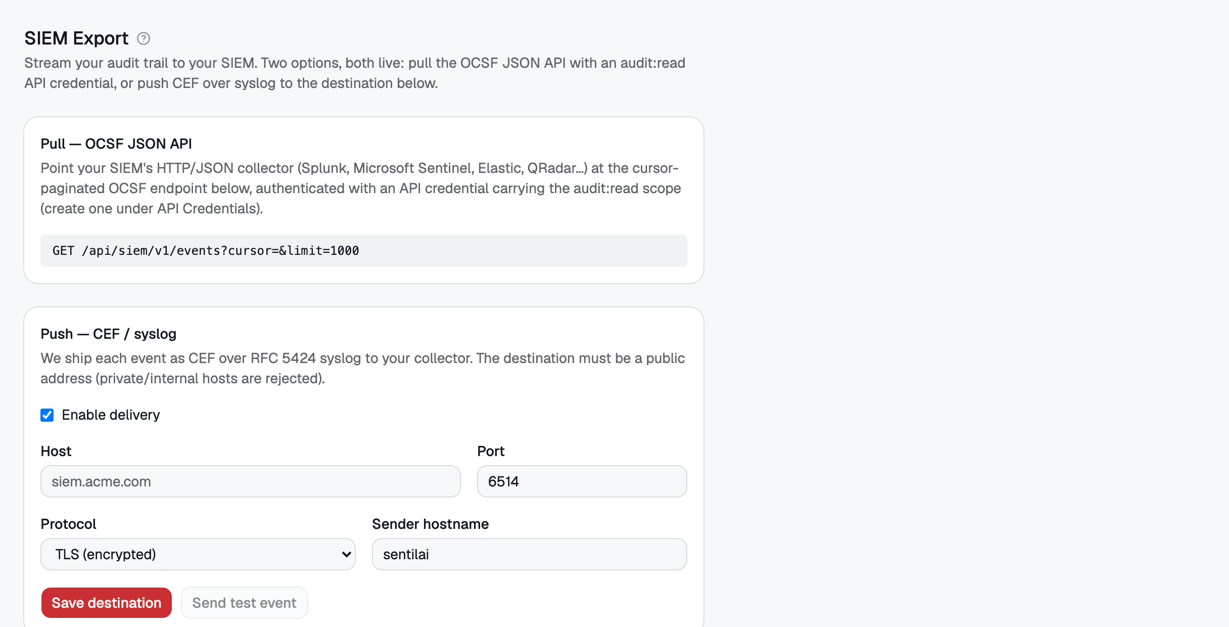 SIEM Export — the OCSF pull API and the CEF/syslog push destination, with live delivery status.