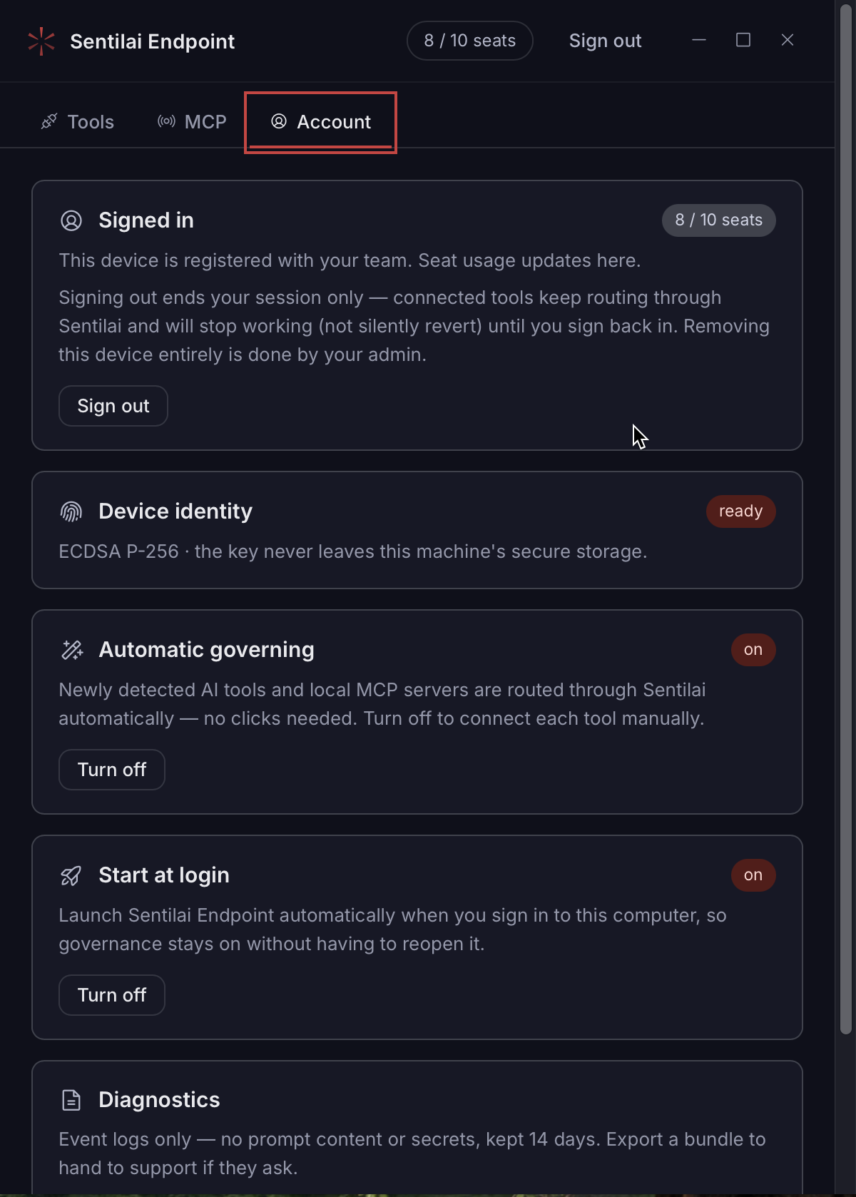 The Account tab — the signed-in session, this device’s identity key, and automatic governing.