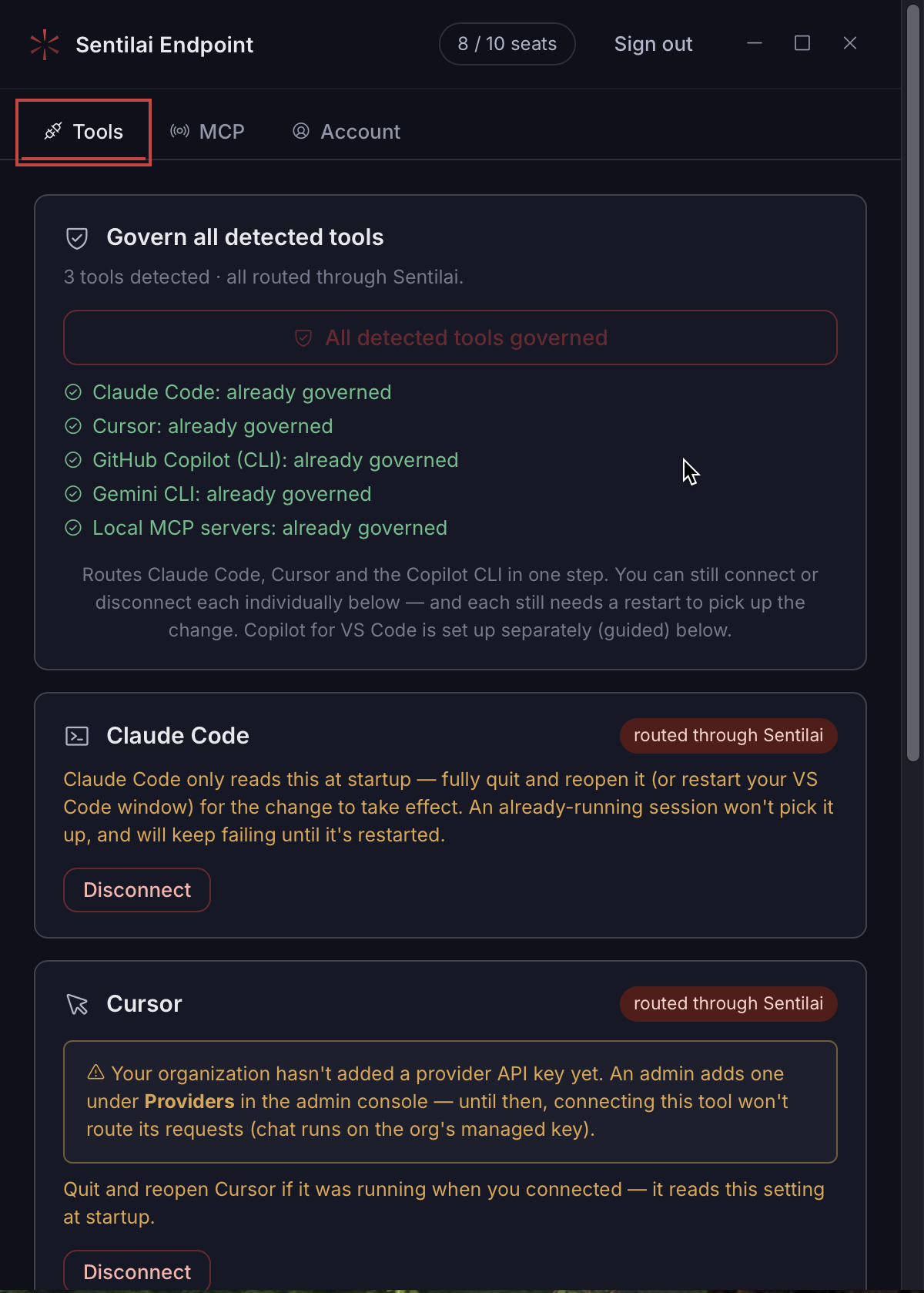 The Endpoint Suite: three tabs, the seat counter, and every AI tool it found on this machine.