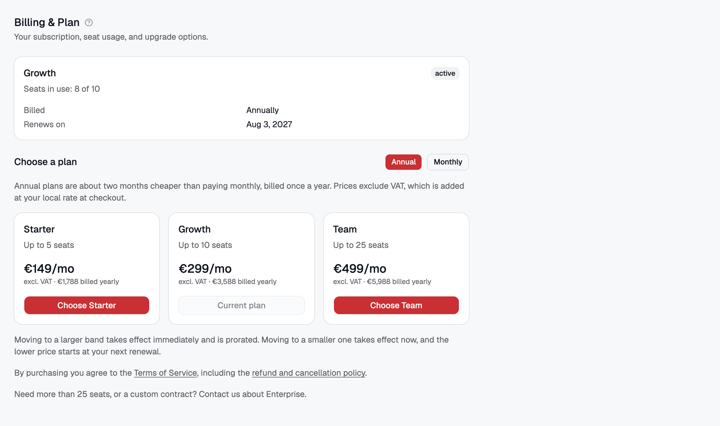 Billing & Plan — your current band, seat usage, and the annual/monthly toggle.