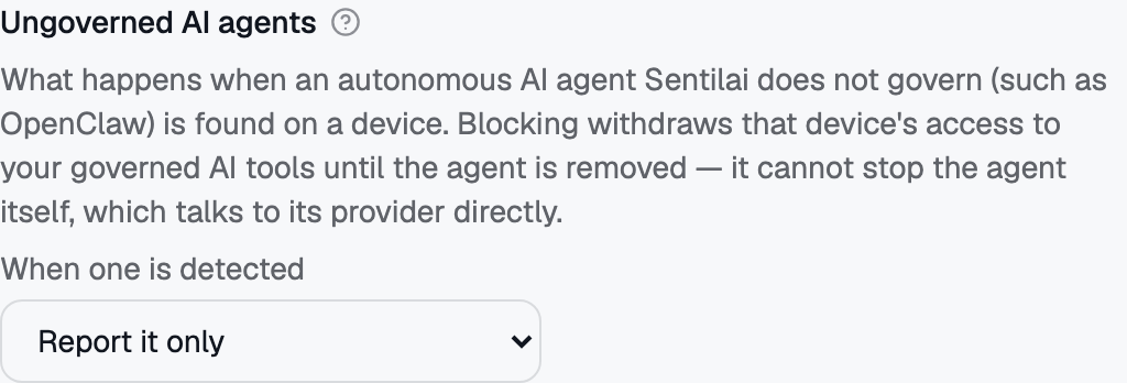The ungoverned-agent control: three positions, no "off", and a grace window that only applies to Block.