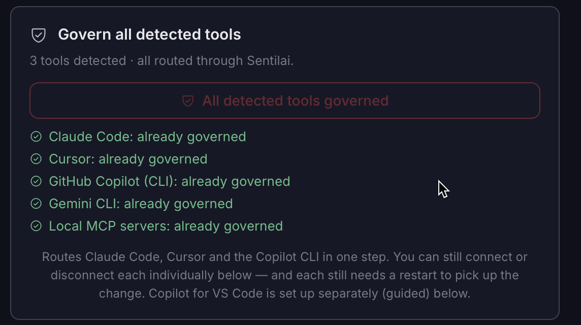 One button routes every detected tool at once — and names each one it has already governed.