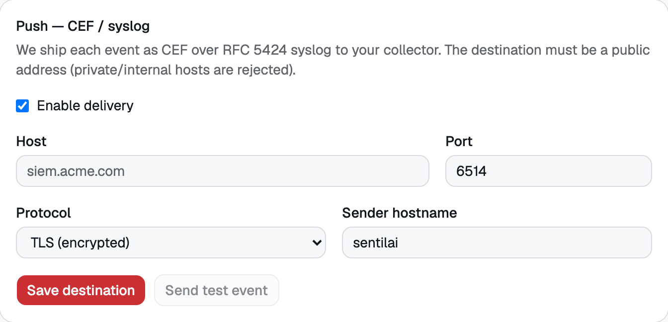 The push card on SIEM Export — syslog destination, TLS, and live delivery status with the last error if one occurred.