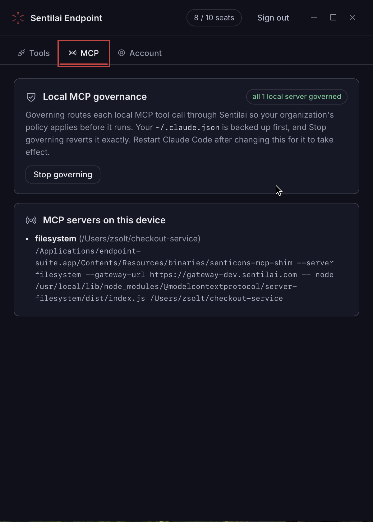 The MCP tab — local MCP governance, and every MCP server this device has been seen using.