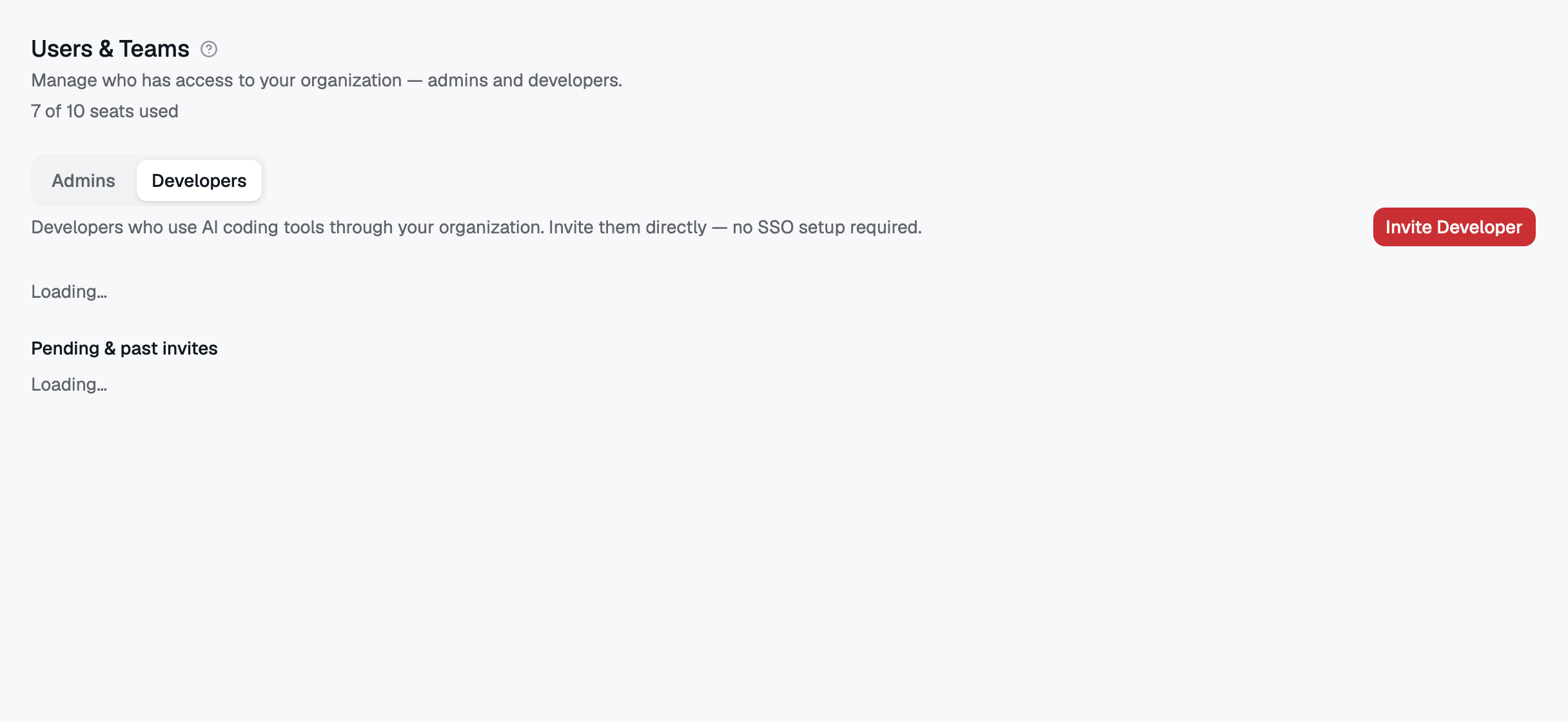 The Developers tab on Users & Teams — invite developers directly, no SSO setup required.