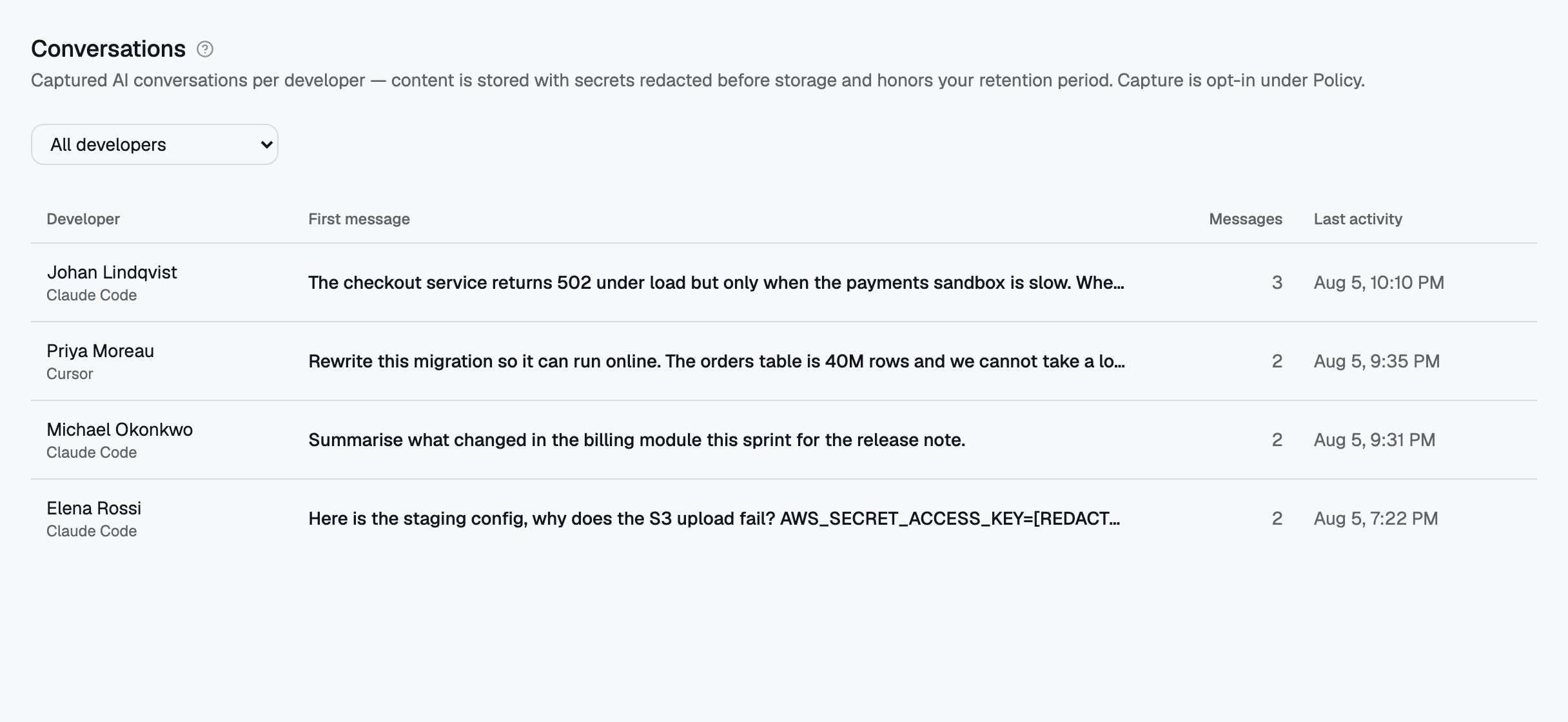 Conversations — reconstructed sessions, grouped per developer. Secrets are redacted before storage, so a pasted key is already gone here.