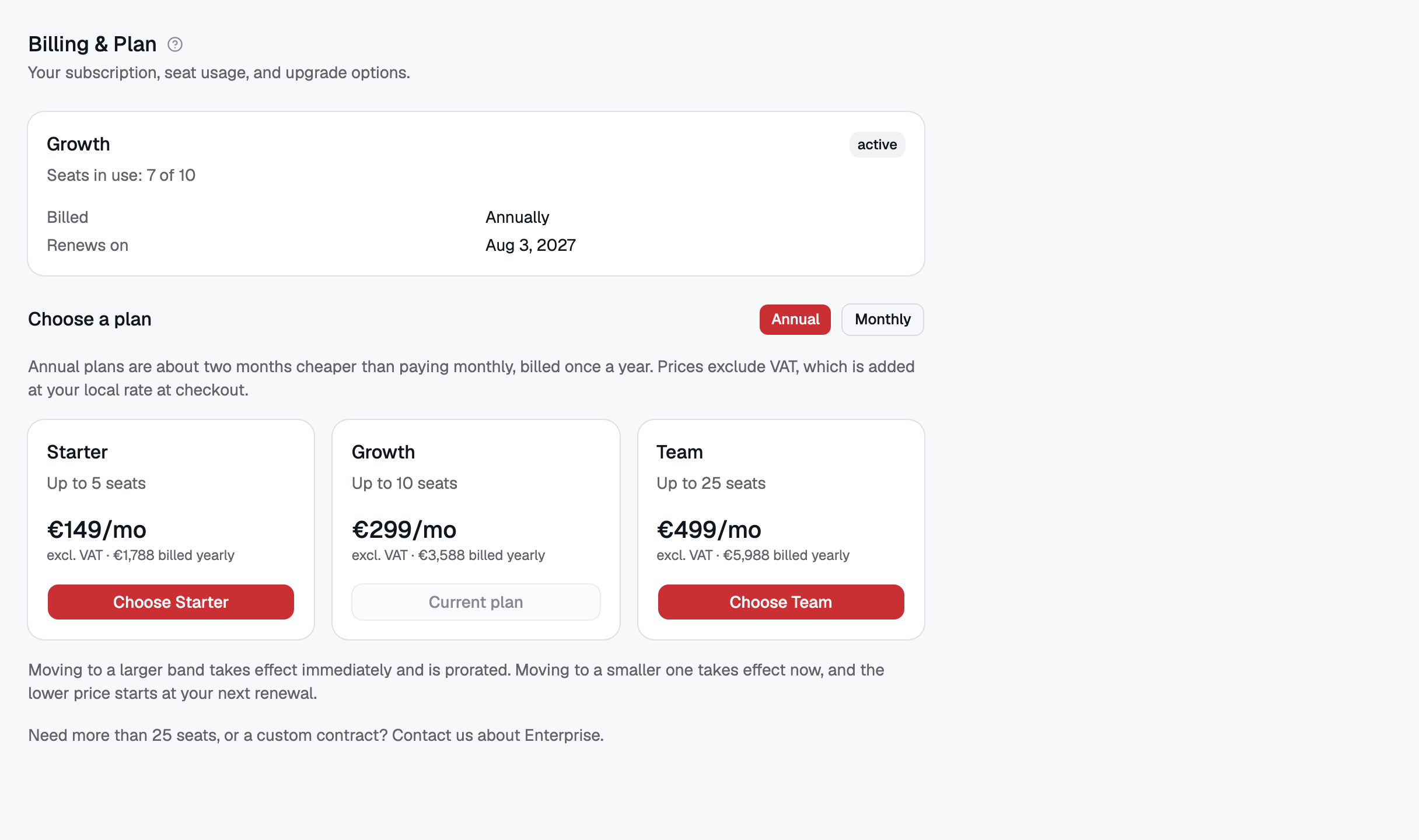 Billing & Plan — the three seat bands with the annual/monthly toggle. Prices are exclusive of VAT.