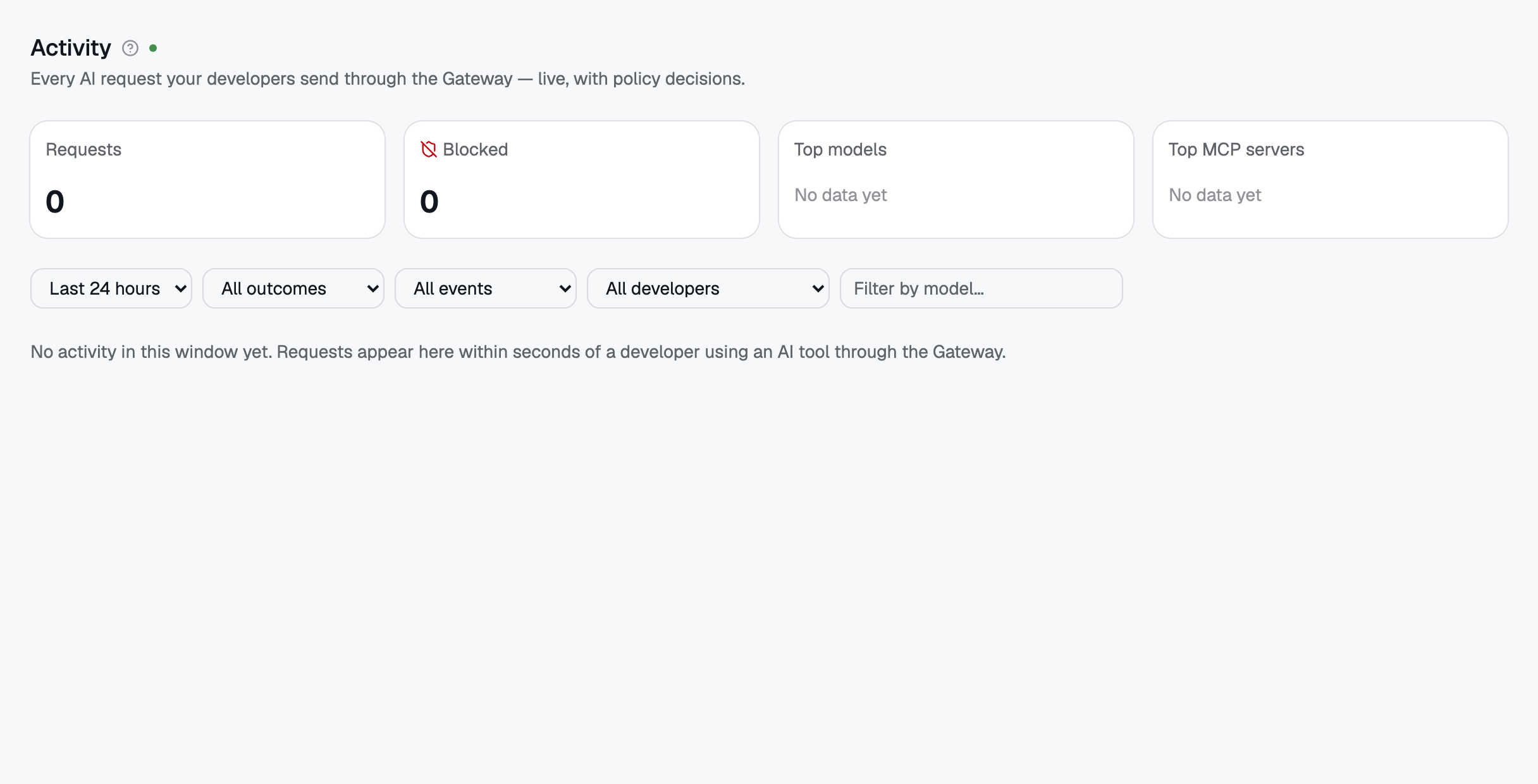 The proof: your request appears in Activity within seconds, with the tool, the model and the policy decision.