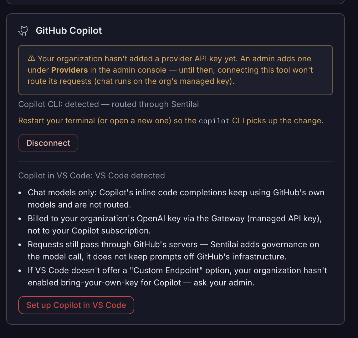 GitHub Copilot is two things: the CLI, governed like any other tool, and Copilot in VS Code, which is set up separately and stays chat-only.