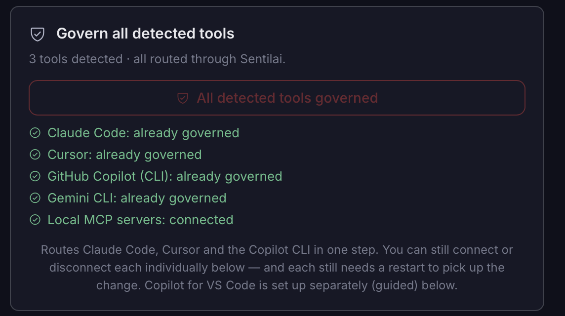 Gemini CLI and Codex CLI are governed through “Govern all detected tools”, which names them as it goes. Unlike Claude Code, Cursor and Copilot, neither has a card of its own on the Tools tab.