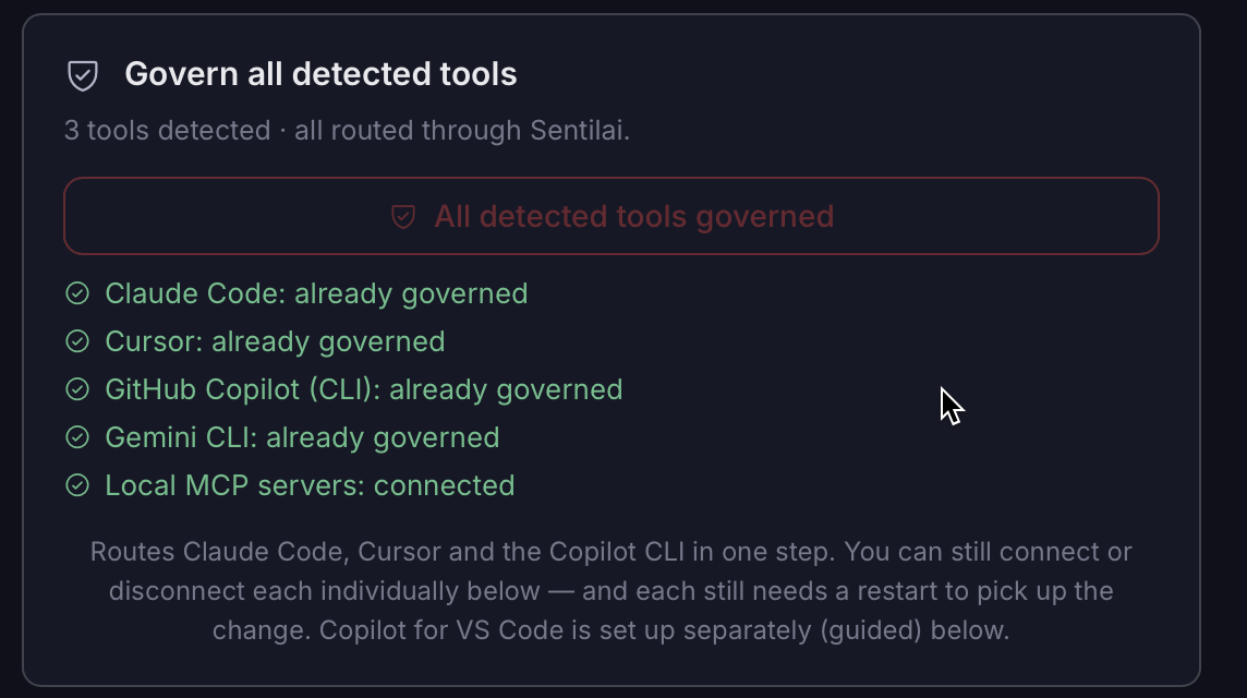 One button routes every detected tool at once — and names each one it has already governed.