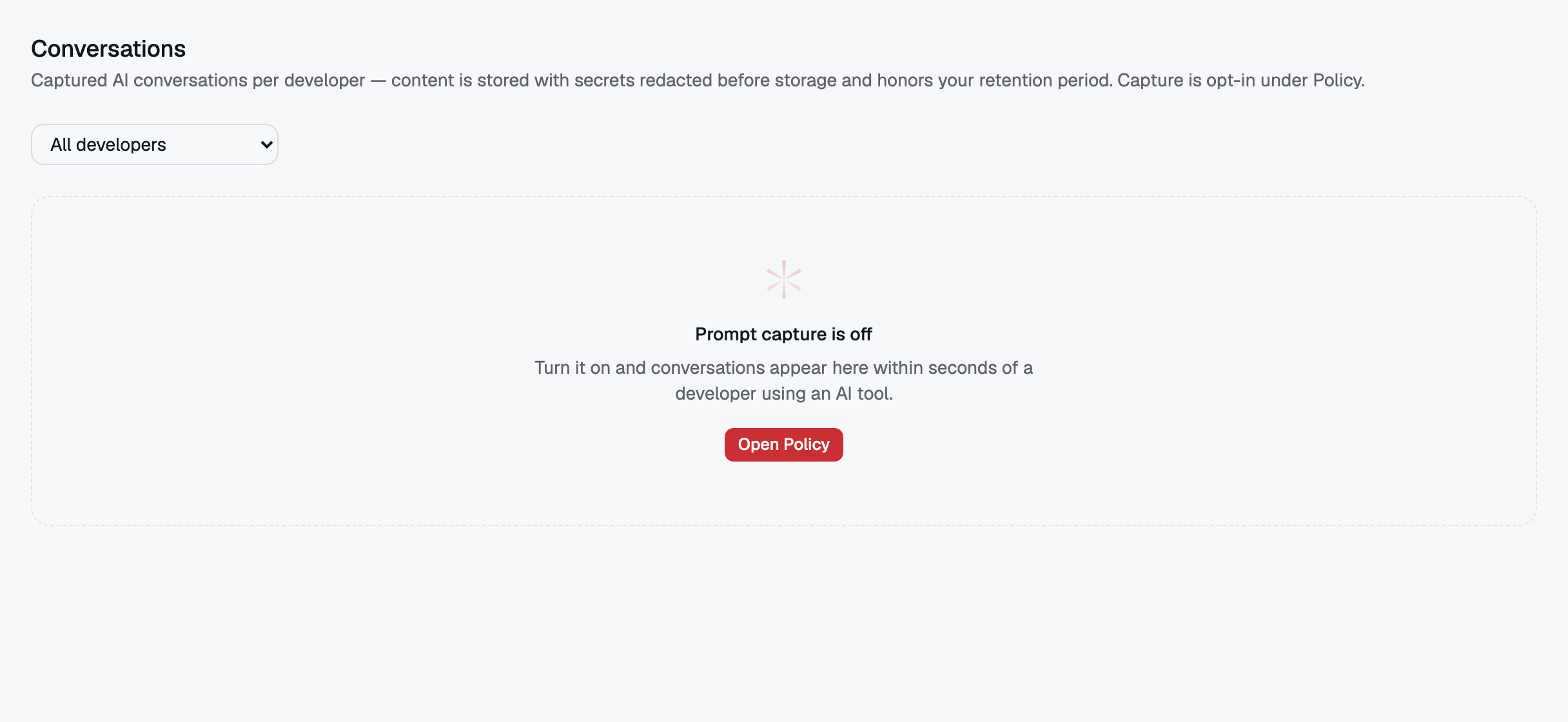 Conversations — reconstructed transcripts, shown only when prompt capture is on for your tenant.