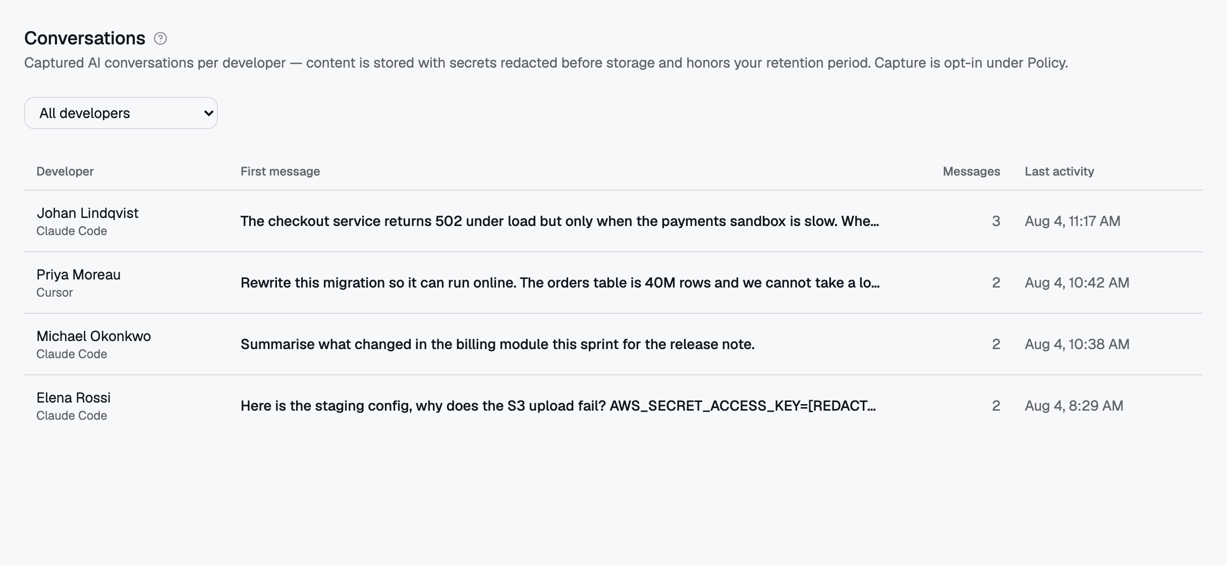 Conversations — reconstructed sessions, grouped per developer. Secrets are redacted before storage, so a pasted key is already gone here.