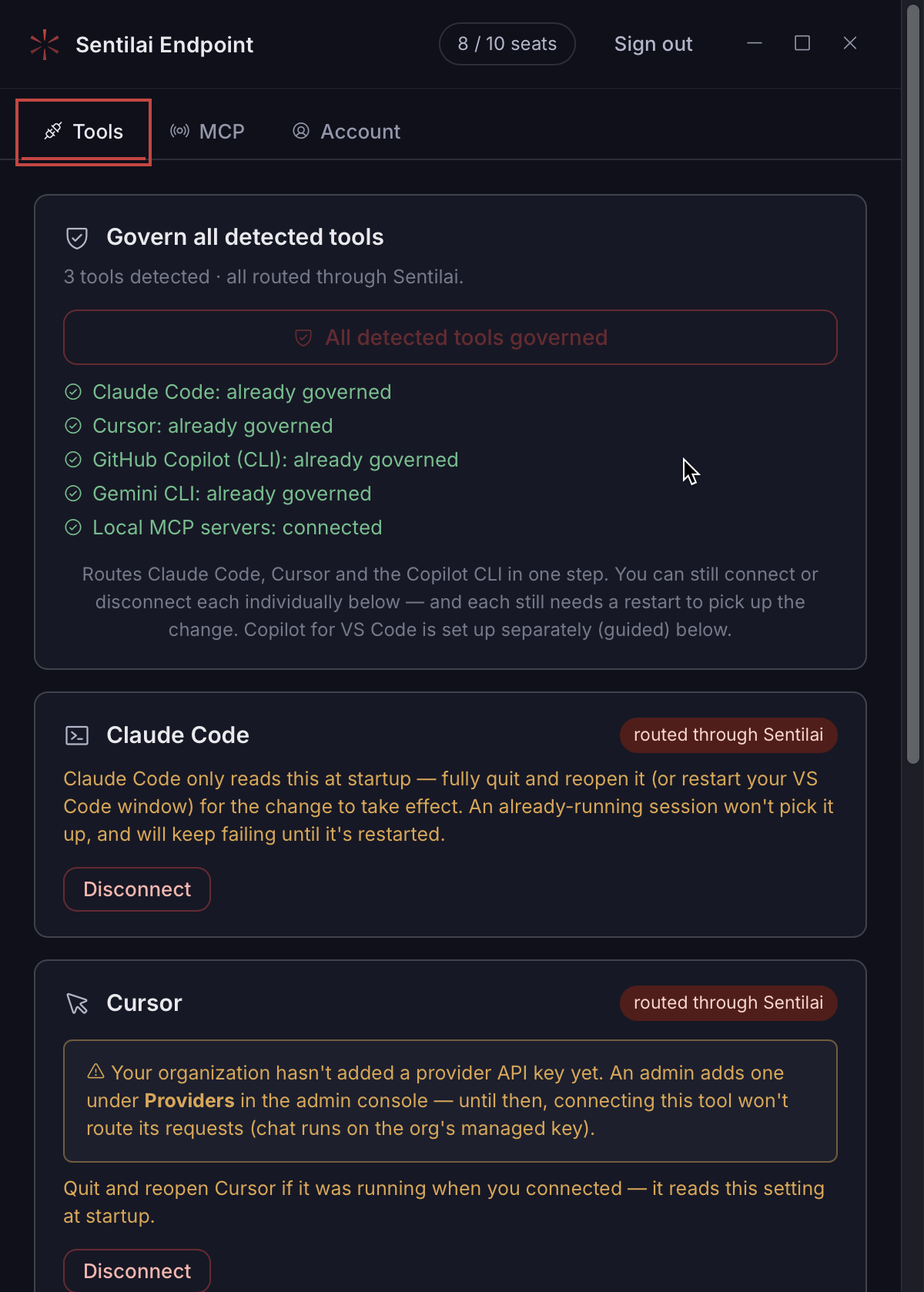 The Endpoint Suite: three tabs, the seat counter, and every AI tool it found on this machine.