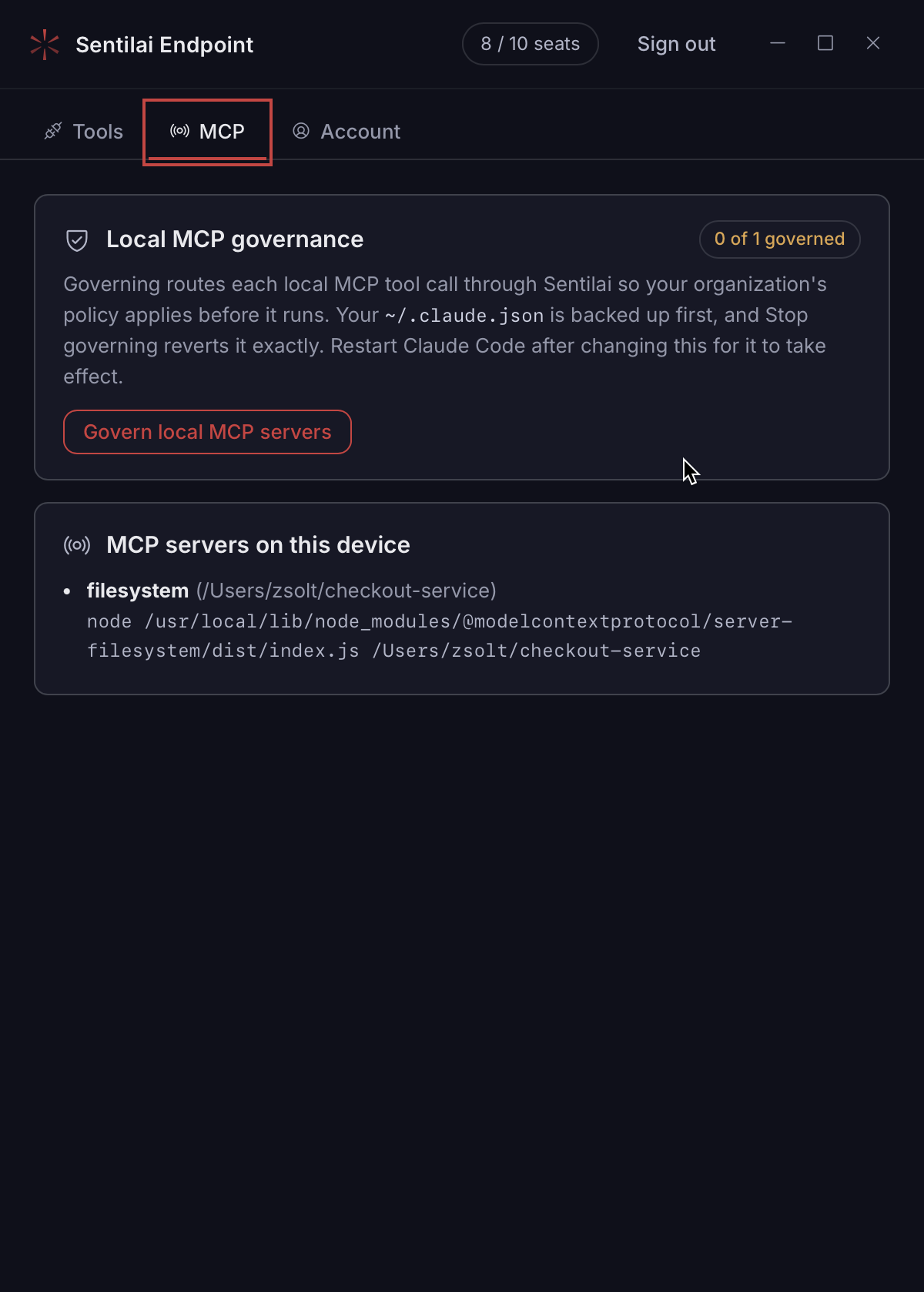 The MCP tab — local MCP governance, and every MCP server this device has been seen using.