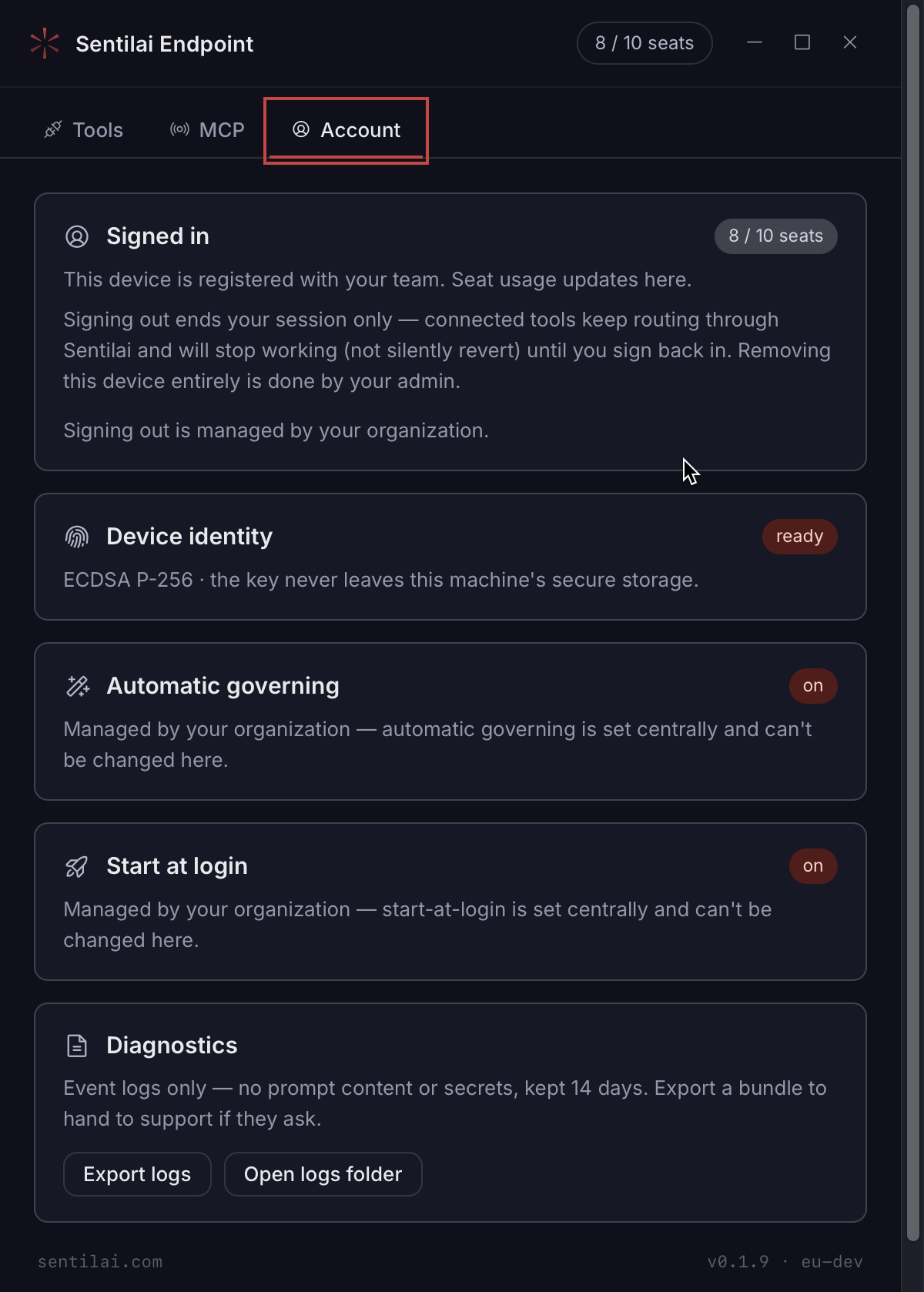 The same Account tab on a fleet-managed machine: sign-out, automatic governing and start-at-login are all set centrally, and the controls are gone rather than disabled.
