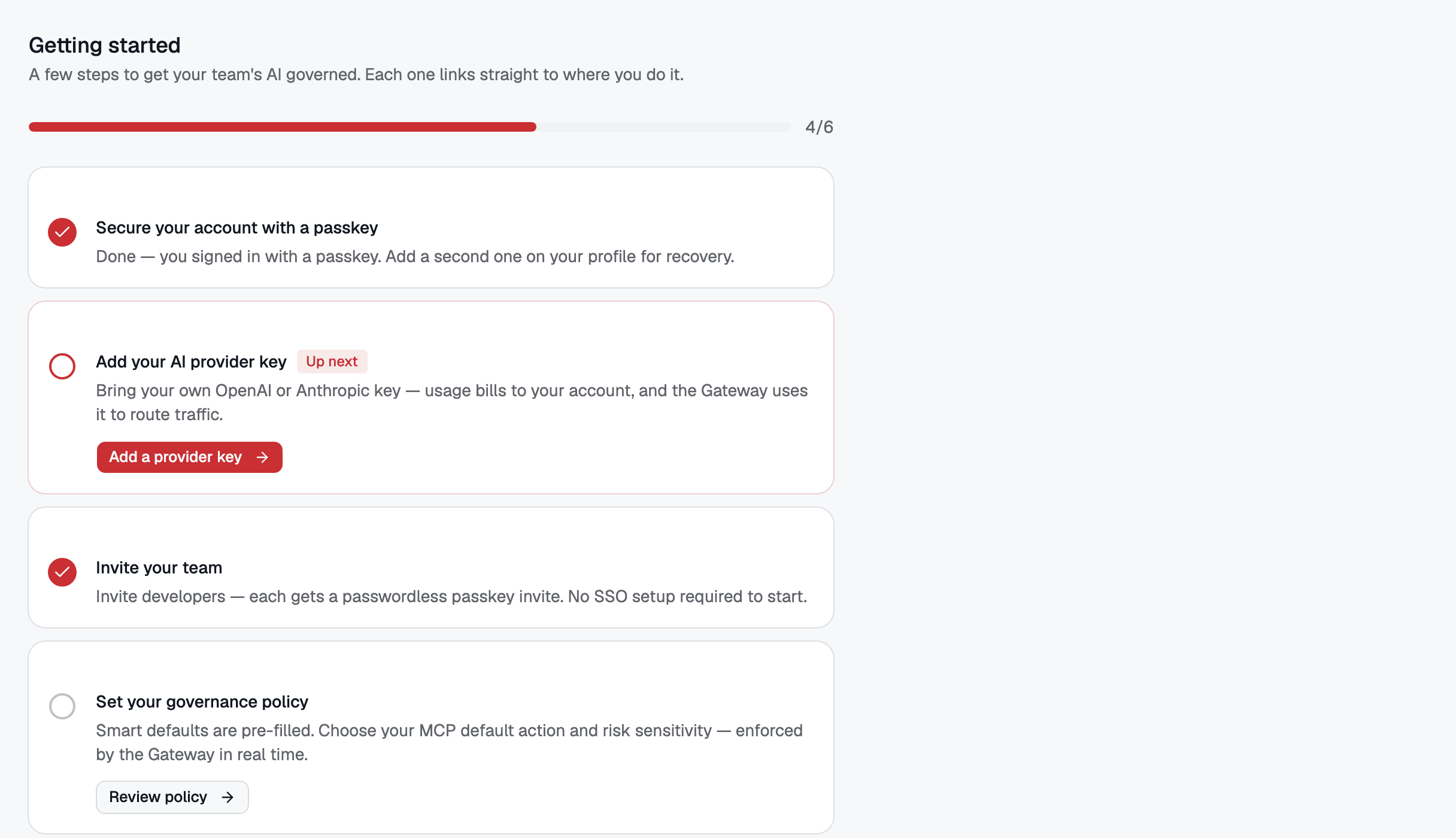 The Getting Started checklist. Each step knows whether you have finished it, from real data rather than a box you tick.