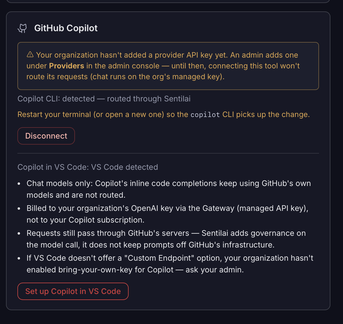 GitHub Copilot is two things: the CLI, governed like any other tool, and Copilot in VS Code, which is set up separately and stays chat-only.