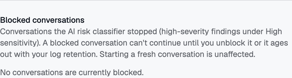 Blocked conversations — sessions the AI risk classifier stopped, and where an admin unblocks one.