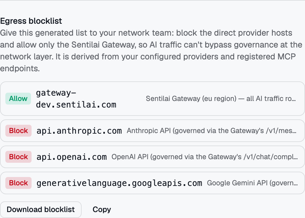 The egress blocklist, generated from your own providers and routed endpoints — hand it to your network team.