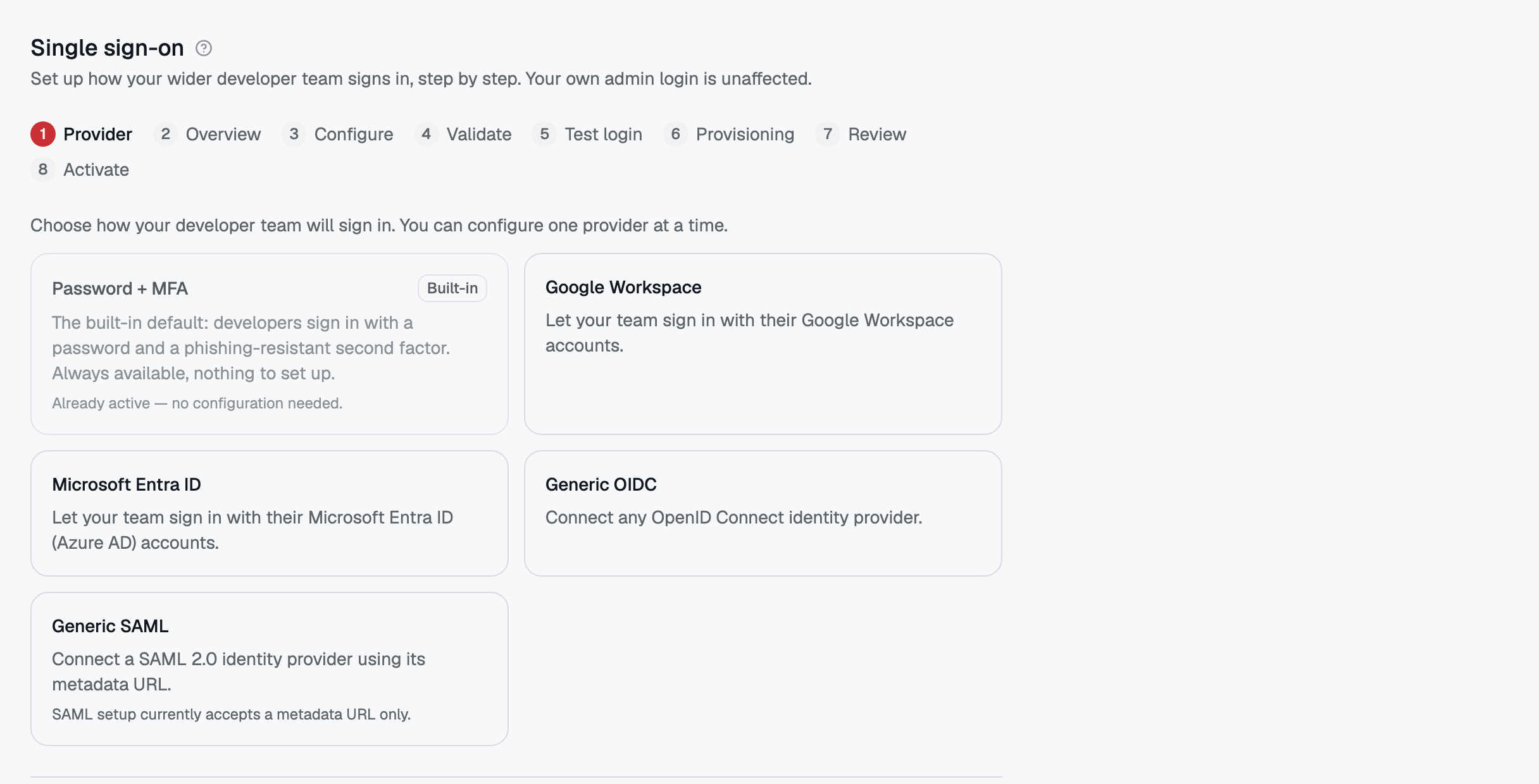 Organization SSO — Google, Microsoft, generic OIDC or SAML, one provider at a time.