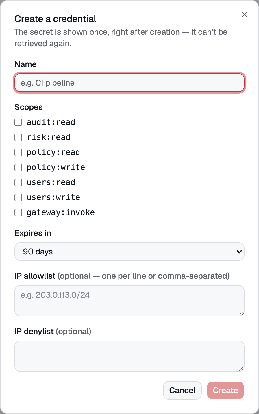 The seven scopes, chosen per credential at creation. A SIEM integration needs exactly one: audit:read.