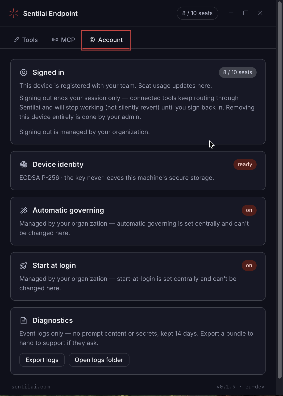 The same Account tab on a fleet-managed machine: sign-out, automatic governing and start-at-login are all set centrally, and the controls are gone rather than disabled.