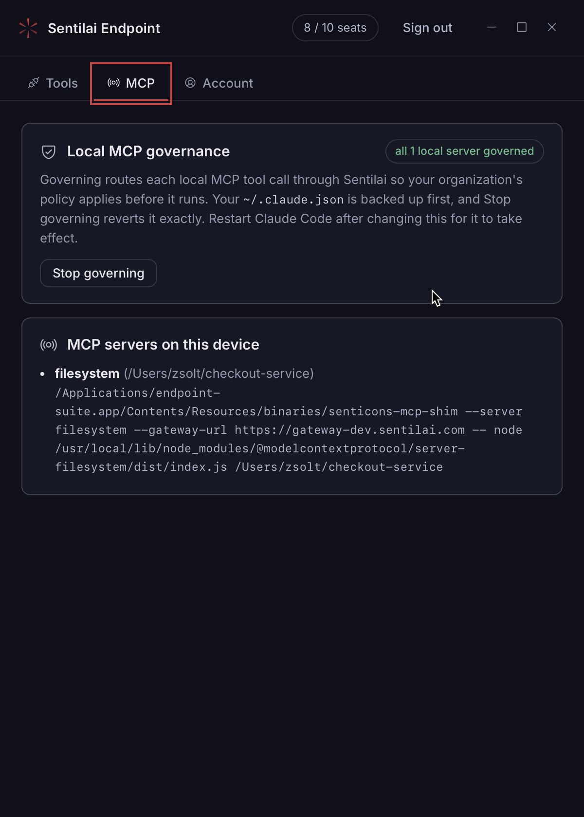The MCP tab — local MCP governance, and every MCP server this device has been seen using.