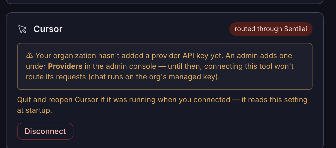 Cursor’s card. The warning is real: without a provider key on the organization’s Providers screen, connecting routes nothing.
