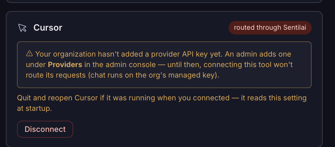 Cursor’s card. The warning is real: without a provider key on the organization’s Providers screen, connecting routes nothing.